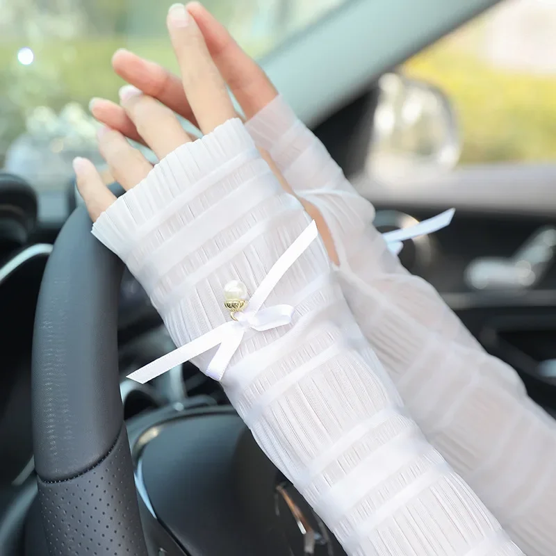 Women Fashion Bow Pearl Thin Long Gloves Summer Driving Cycling Sexy Sunscreen Anti-UV Elastic Mittens Sun Block Arm Warmers New