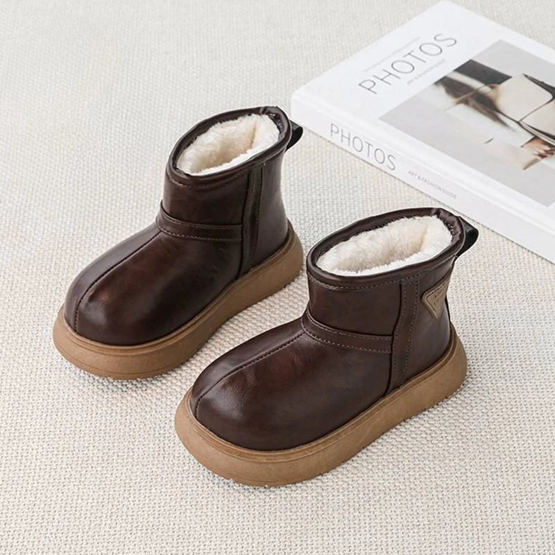

Girls Faux Fur Lined Waterproof Leather Snow Boots 2026 Winter New Style Fashion Thickened Boots