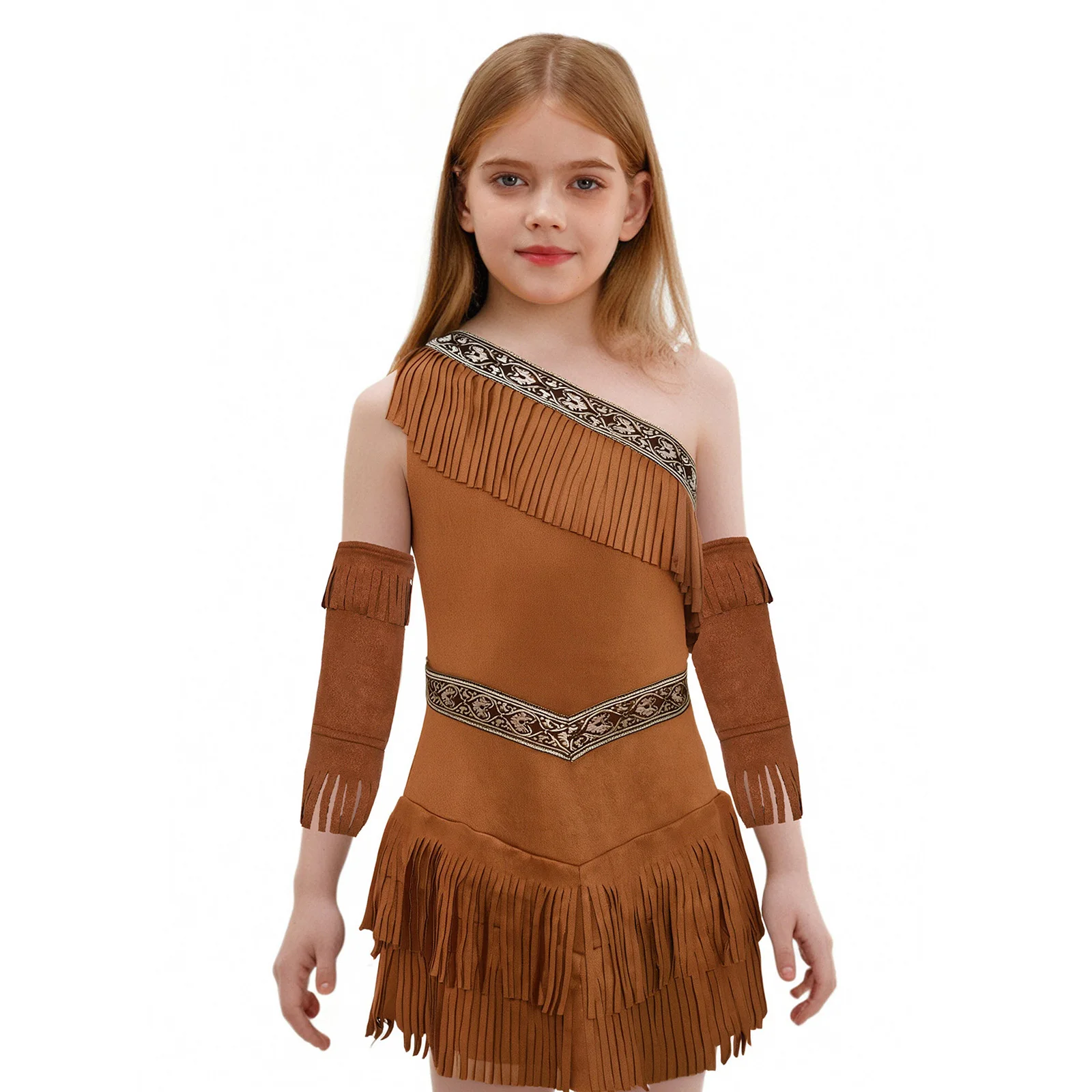 

Kids Girls Native American Princess Cosplay Outfit Halloween Fancy Dress Ball Costume Sleeveless Fringe Suede Dress with Sleeves