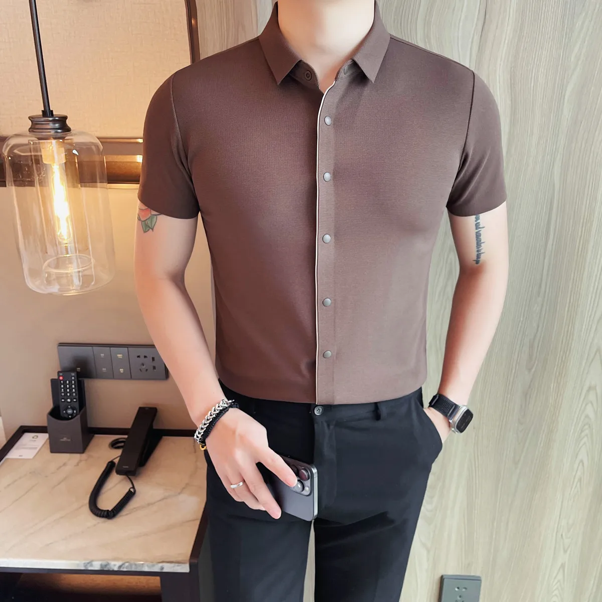 

3D Waffle Texture Polo Shirt New Men Slim Fit Breathable Quick Dry Business Casual Wrinkle Free Mocha Brown All Sizes