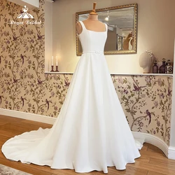 Simple Boho A-Line Wedding Dresses For Women Classic Square Collar Spaghetti Straps Belt Bride Gowns Soft Satin Sweep robe