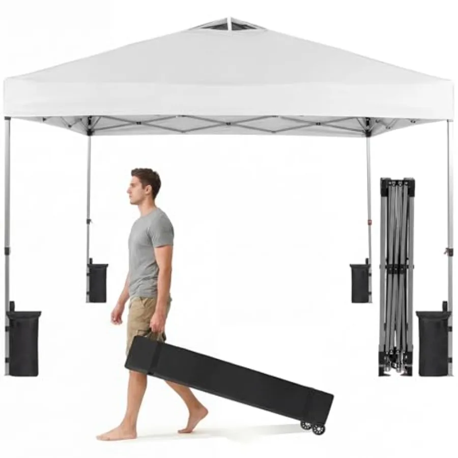 

Beach events camping canopy tent, heavy duty polyester, snow white, one-push pop-up setup with rolling carry bag