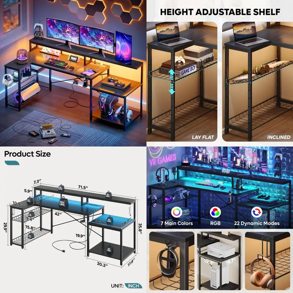 "Escritorio para juegos en forma de L de 71 pulgadas con tomas de corriente integradas y soporte para monitor ajustable, incluido soporte para impresora"