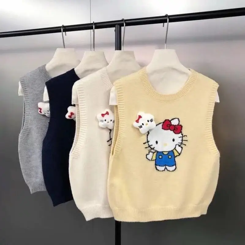 

Hello Kitty Sweater Vest Knitted Jacquard for Women Layering Cartoon Versatile Commuting Korean Style Fashion Clothing New