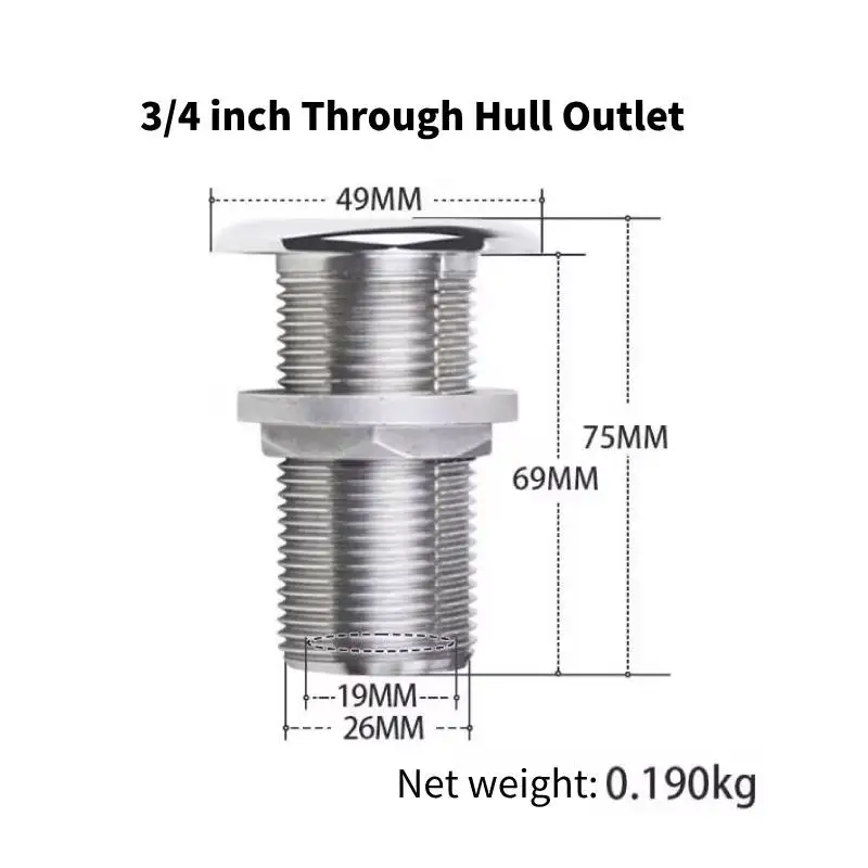 Durable Combo Stainless Steel Thru-Hull Fitting w/Nut For Boats/ Marine/Yachts With Custom Gasket 3/4