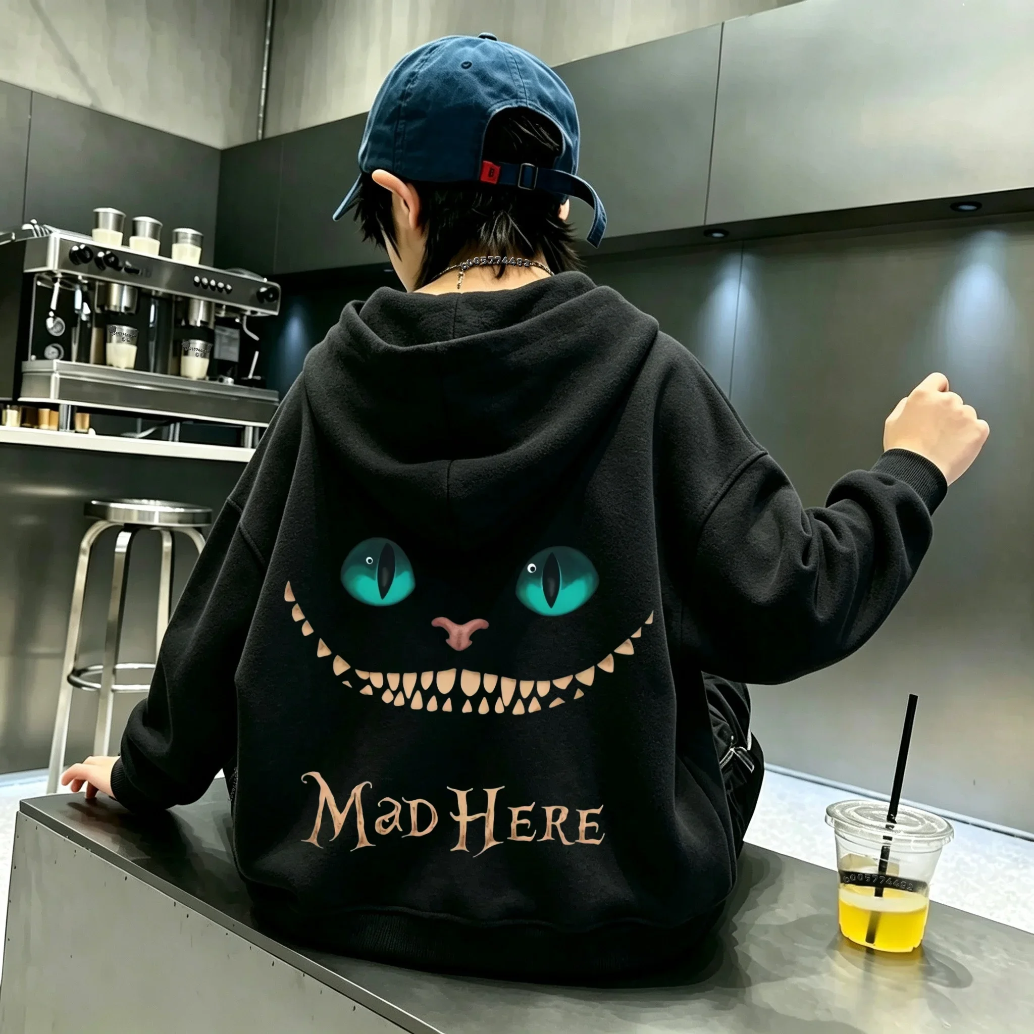Children's hooded sweatshirt, trendy and cool,kitten green eyes,sharp teeth,smiling face print,large-sized children's hooded top