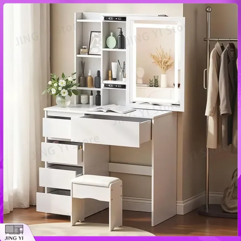 LED Vanity Table with Adjustable Brightness 5 Drawers 3 Shelves Modern White Makeup Desk for Women Bedroom Bathroom Cosmetic