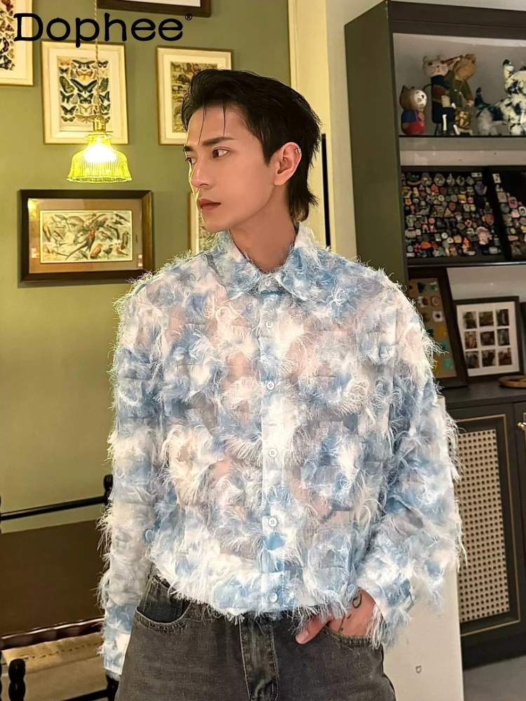 2024 Spring Autumn New Three-Dimensional Feather Single Row Multi-Buckle Shirts Trendy Male Shirt Long Sleeve Handsome Shirts