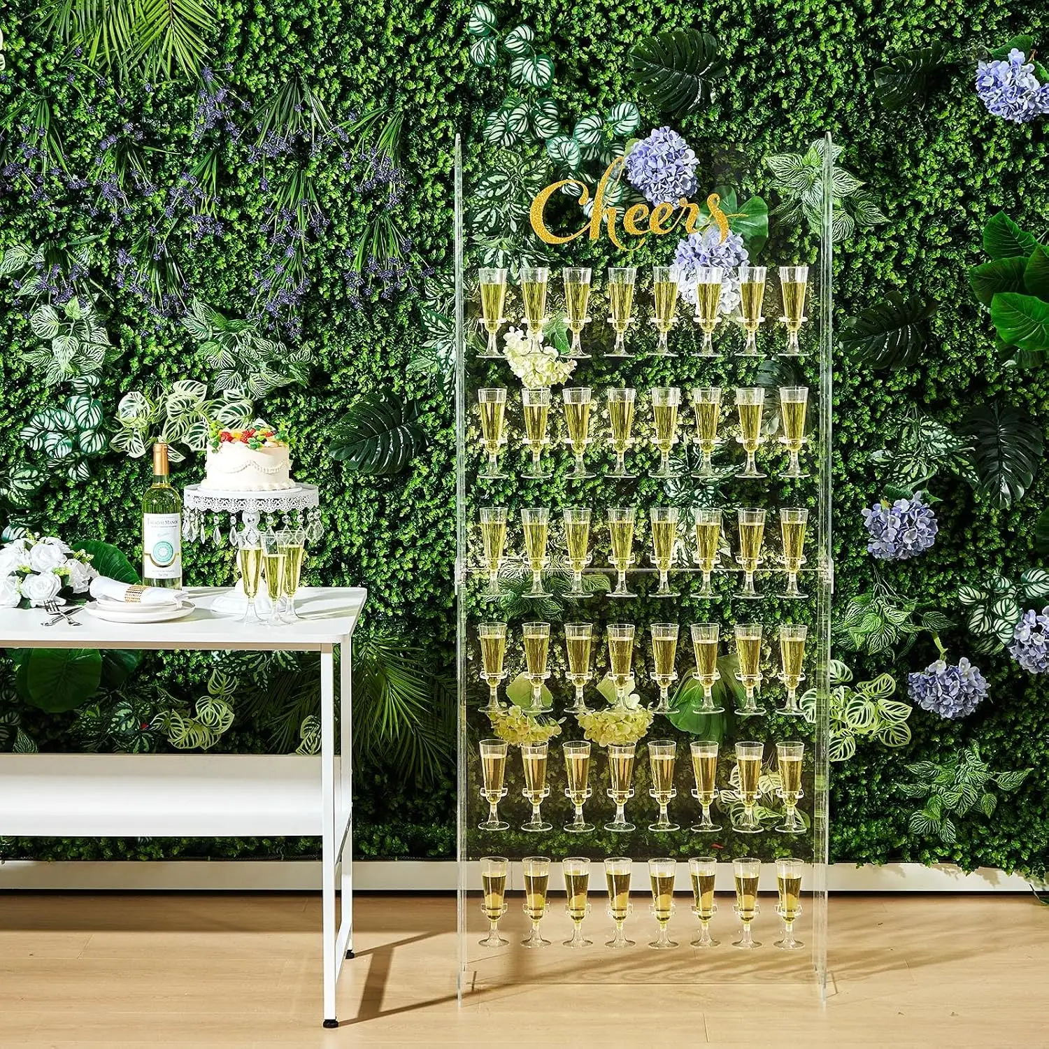 Freestanding Acrylic Champagne Wall Display Stand With Flute Cups, Six Tier Wine Glass Holder Rack Station For Wedding Mimosa Bar Party Reception, Modern Clear, One Set