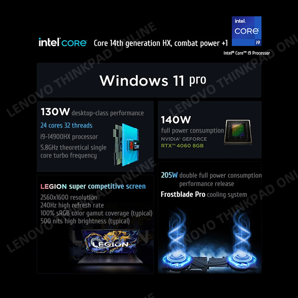 Lenovo Legion Y9000P 2024 Laptop e-sports Gaming Core i9-14900HX RTX 4060 16GB DDR5 1T SSD 16 inci 2.5K 240Hz layar Notebook PC