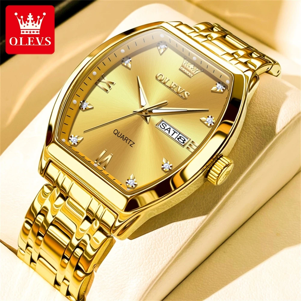 OLEVS 5528 Quartz Men\'s Watch Luxury Brand Diamond Business Stainless Steel Waterproof Tonneau dial Gold Watch Reloio Masculino