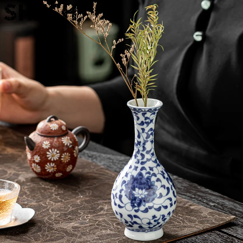 Chinese Blue Porcelain Vase-Mini Antique Flower Vessel Handcrafted Tea Ware for Dried Bouquets Boho Chic Living Room Centerpiece