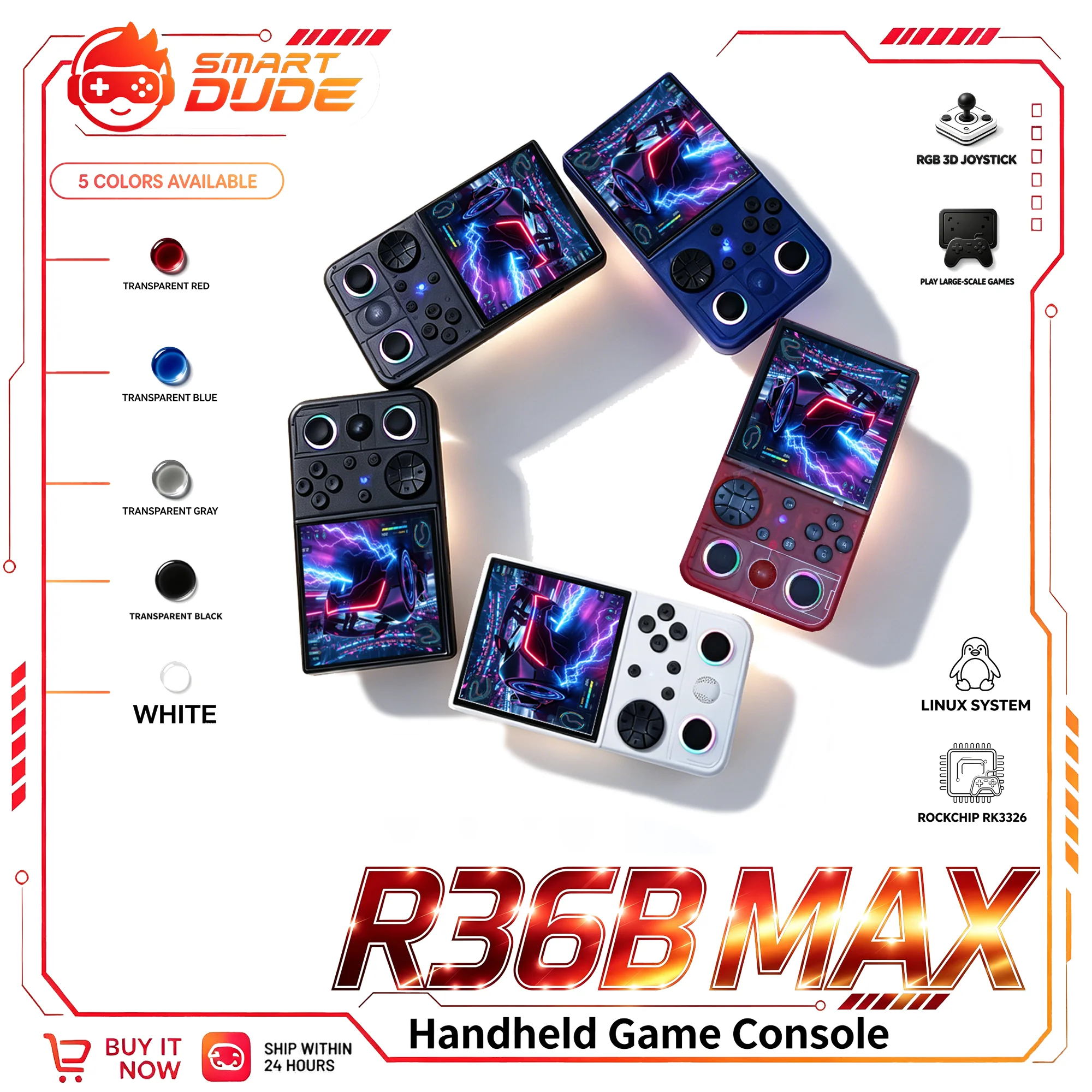R36B MAX Handheld Console High Performance Rockchip RK3326 Quad-Core 1.5GHz 4.0-Inch IPS 720*720 HD Screen Gaming Device