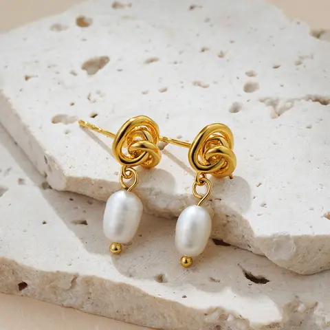 Gold Color Stainless Steel Knot Drop Earrings for Women Oval Baroque Pearl Beads Hanging Earring Statement Luxury Jewelry Gifts