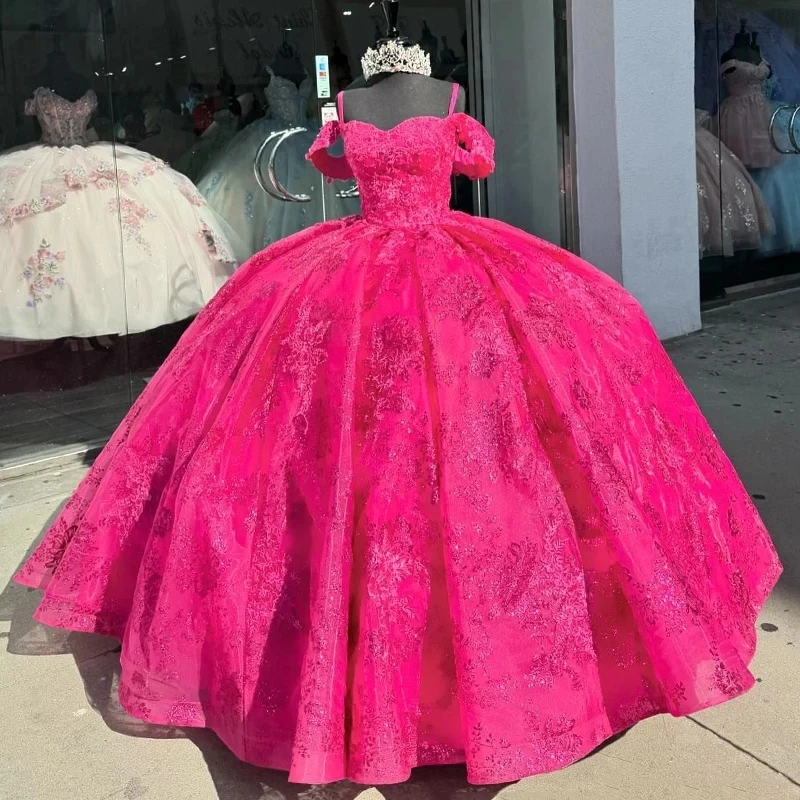 

Rose Red Glitter Ball Gown Quinceanera Dresses Off The Shoulder Applique Crystal Beading Tull Corset Vestidos De 15 Años