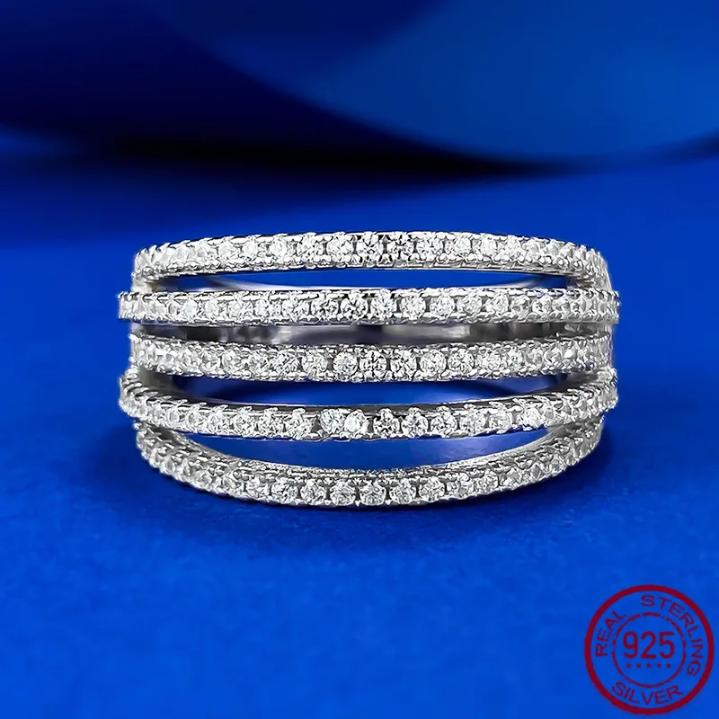 

New European and American five row diamond studded full diamond ins style fashionable commuting 925 silver ring, wedding jewelry