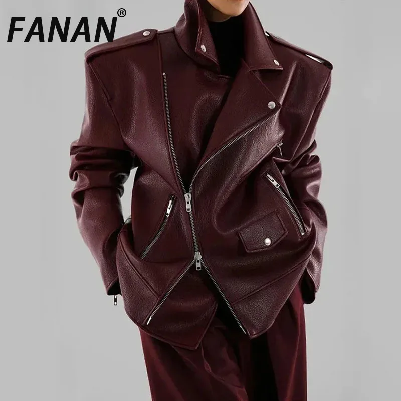 

FANAN Solid Splicing Pocket Fashion Jacket For Women Flip Collar Long Sleeve Designer Leather Jacket Women's Fashion New