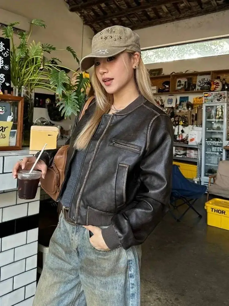 New In Autumn Winter High End Short Motorcycle Leather Jacket Women Top Retro Brown Loose Casual Coat Female Clothing