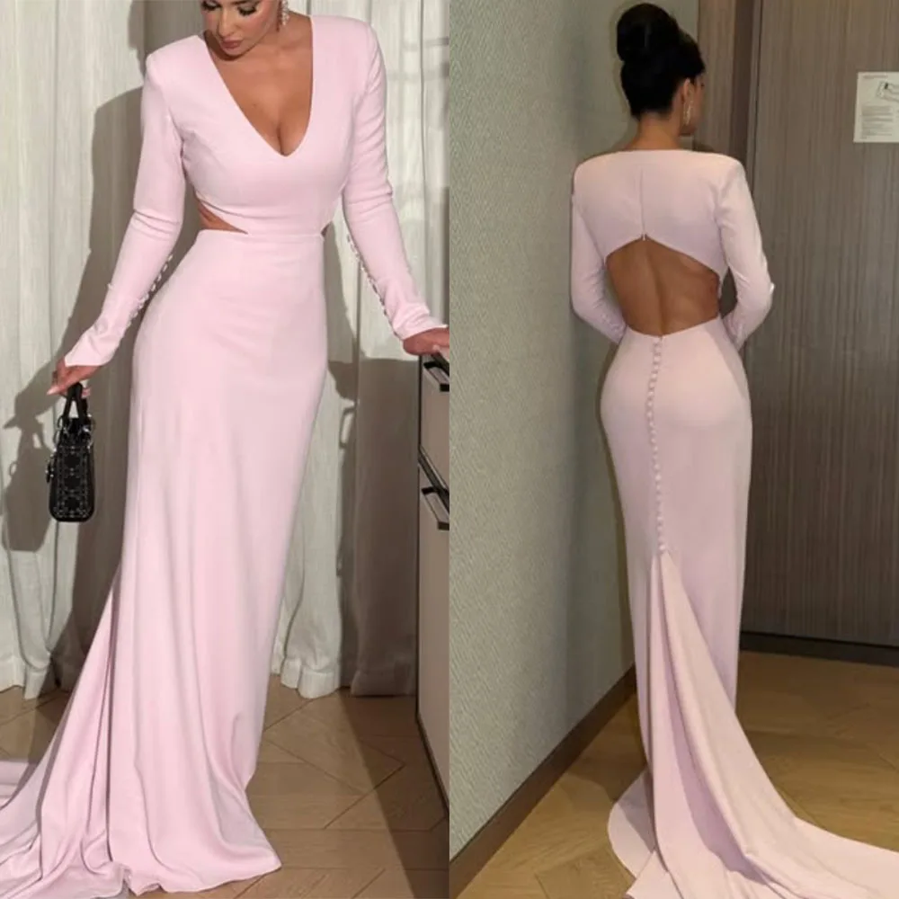 

High Quality Customized V-neck Floor Length Court Train Pink Button Backless Full Sleeves Платье Корейский Стиль فساتين سهره