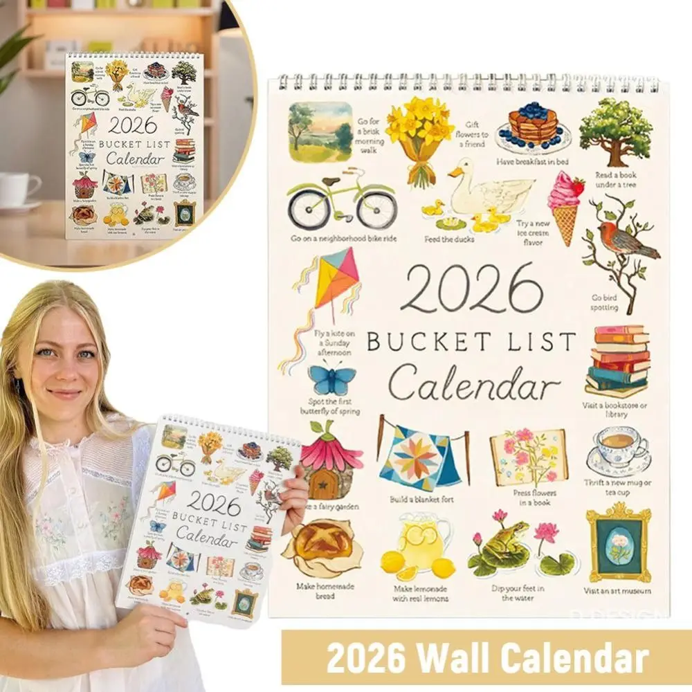 

Simple Style Bucket List Calendar Colorful Cartoon Pattern 2026 Wall Calendar Notes Planning Wish list Desktop Calendar Gifts