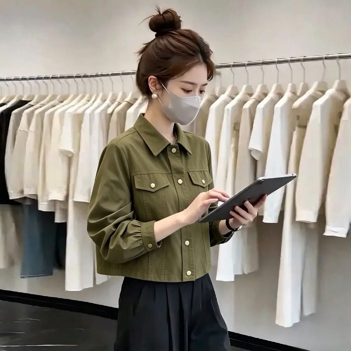 Fashionable Mom's Short Thin Jacket Women's Loose Workwear Style Button-Up Top Small Size Autumn Winter New Arrival
