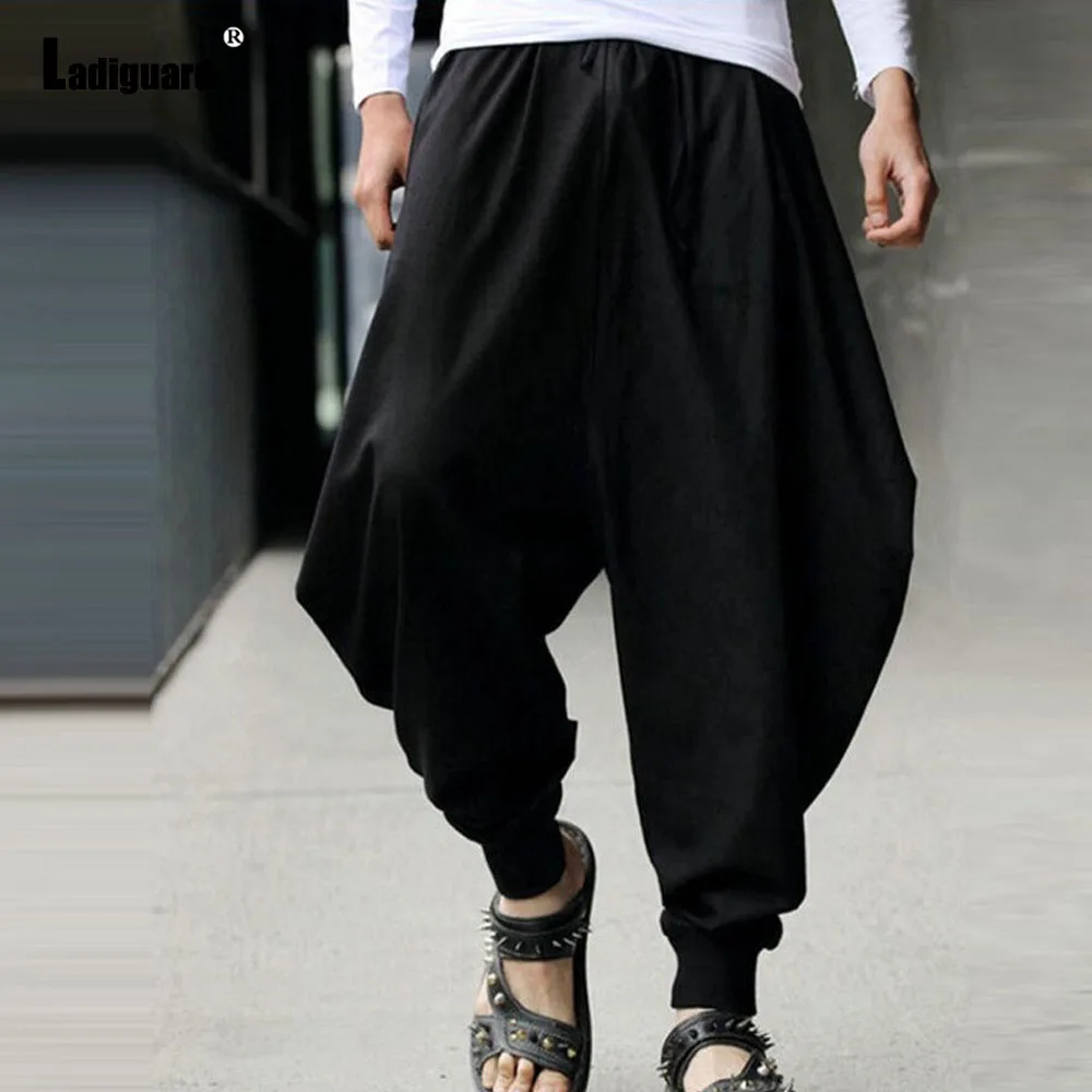 2024 Men Elastic Waist Stand Pocket Harem Pants Solid Black Ankle-Length Pants Large Big 5xl Mens Casual Beach Pirate Trousers