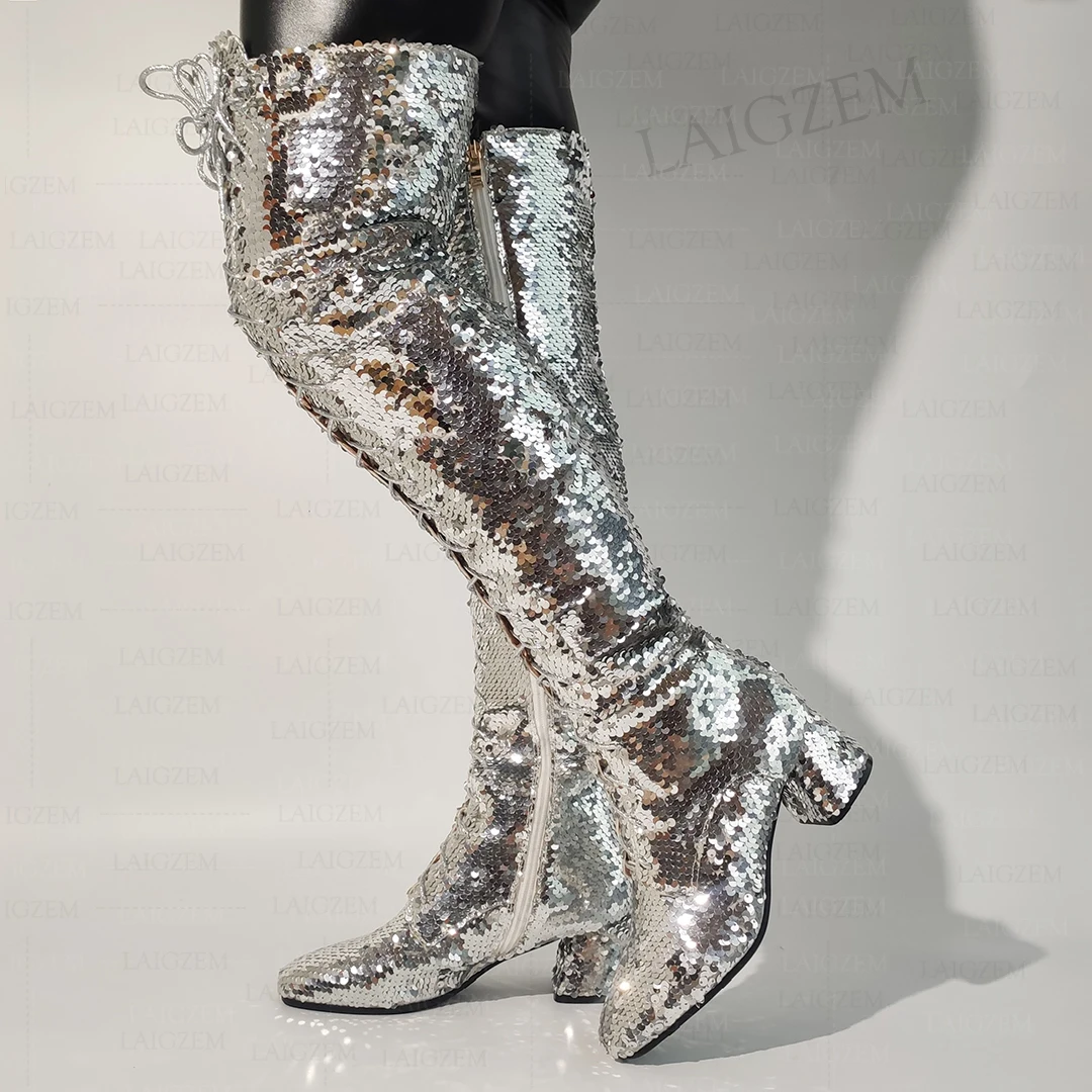 LAIGZEM Women Boots Over Knee Bling Glitter Square High Heels Boots Party Prom Dance Ladies Shoes Woman  Big Size 33 41 43 45 48