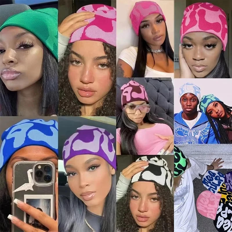 Unisex Y2K Mea Culpa Letter Kpop Beanie Hat Bold Bubble Jacquard Streetwear Stretch Fitted Elastic Skull Cap for Men Women