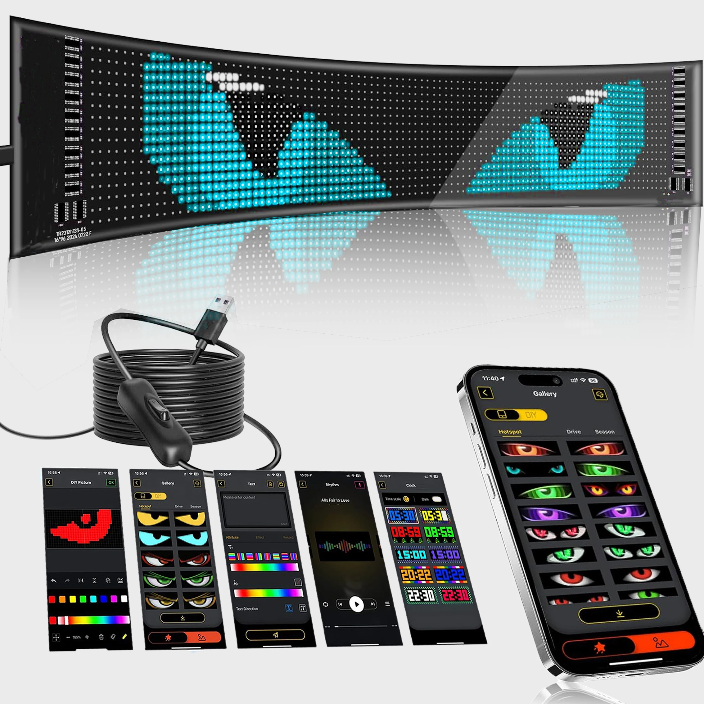 Single Row Scrolling LED Sign, Programmable Flexible LED Matrix Panel, Bluetooth APP Control, DIY Text, Patterns, Animations
