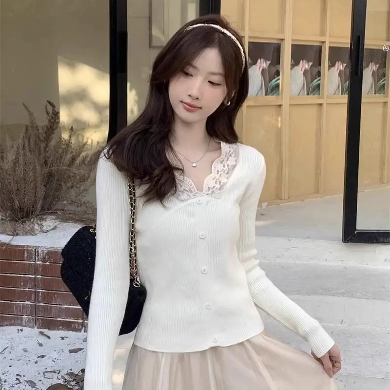 

Свитер принцессы с v-образным вырезом и кружевными краями для девочек, сексуальная трикотажная рубашка с длинными рукавами, универсальная весенне-осенняя одежда, уличная майка, новинка