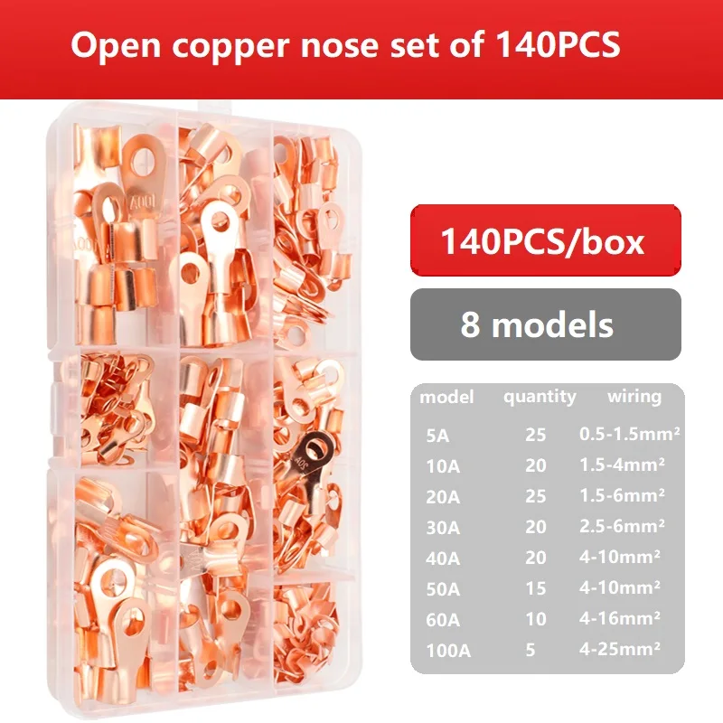 Image of 140PCS Offene Crimp Ring Stecker OT Kabel Elektrische Draht Terminal Kupfer Lugs Terminal Anschlüsse Kit