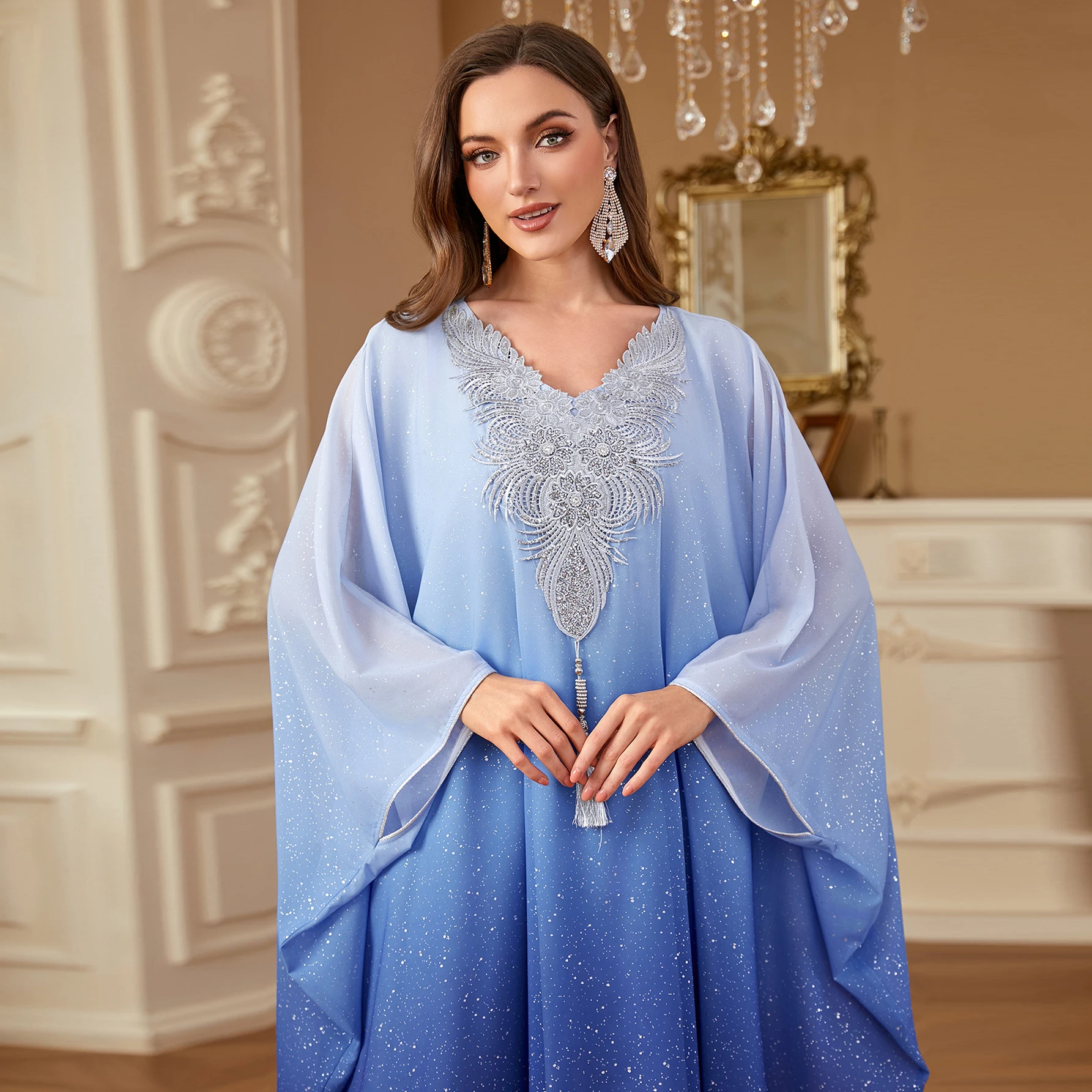 

UNI Dubai Gradient Jacquard Maxi Dresses 2025 Batwing Sleeve Abaya Elegant Tassel Kaftan Dresses For Women Gala