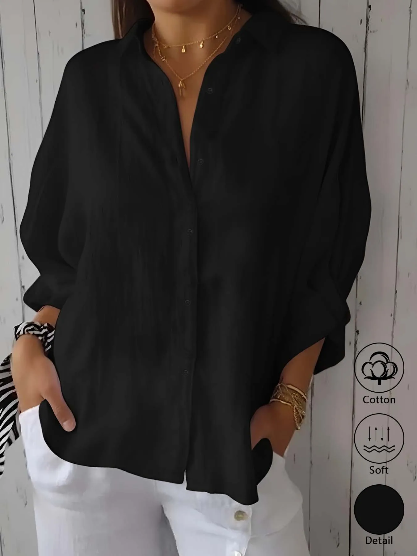 Women's 100% Cotton Long-Sleeve Button-Down Shirt; a Loose-Fitting Shirt with a Relaxed, Vacation-Ready Vibe.