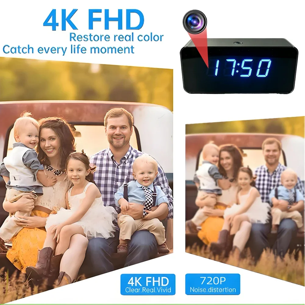 4K HD WiFi mini Clock Camera, Supports Remote Viewing, Motion Detection, 12 Infrared Night Vision Lights, Home mini 4K Camera