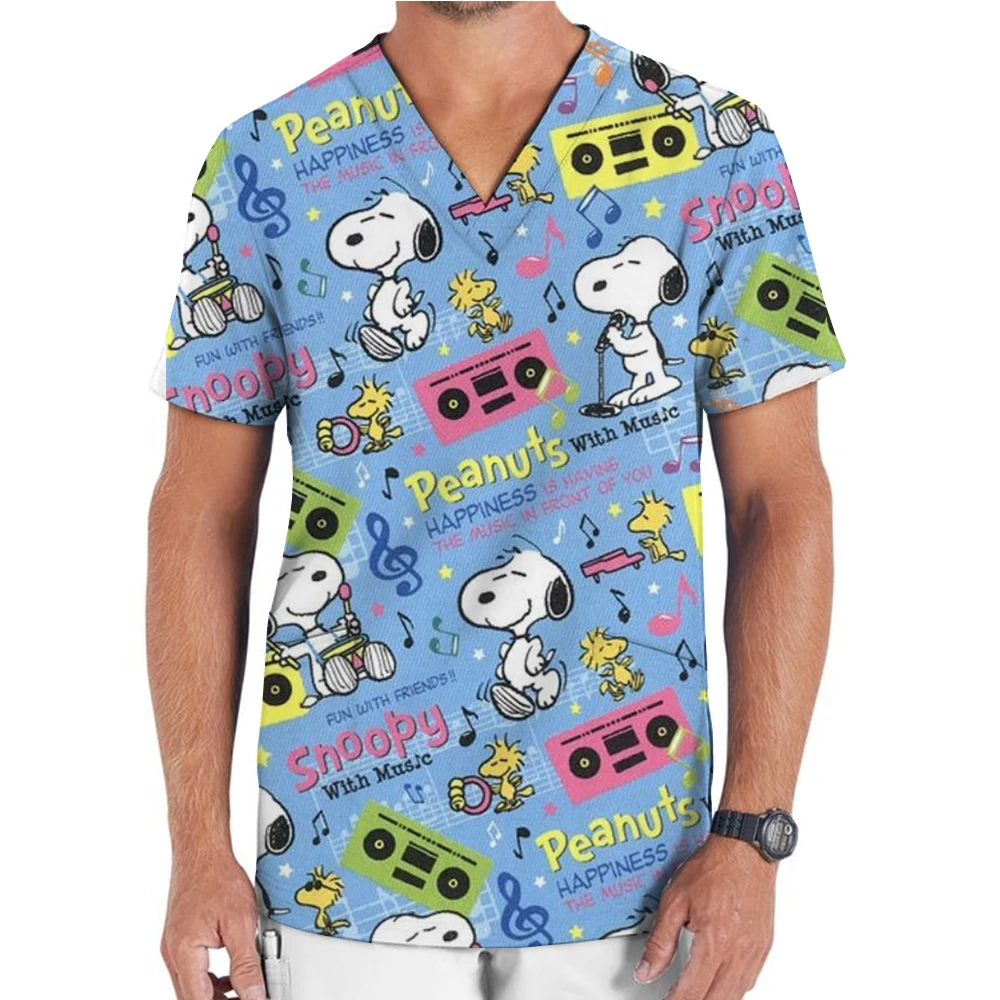 Snoopy new hospital nursing workwear surgical shirt medical frosted top men's short sleeved V-neck pocket uniform frosted