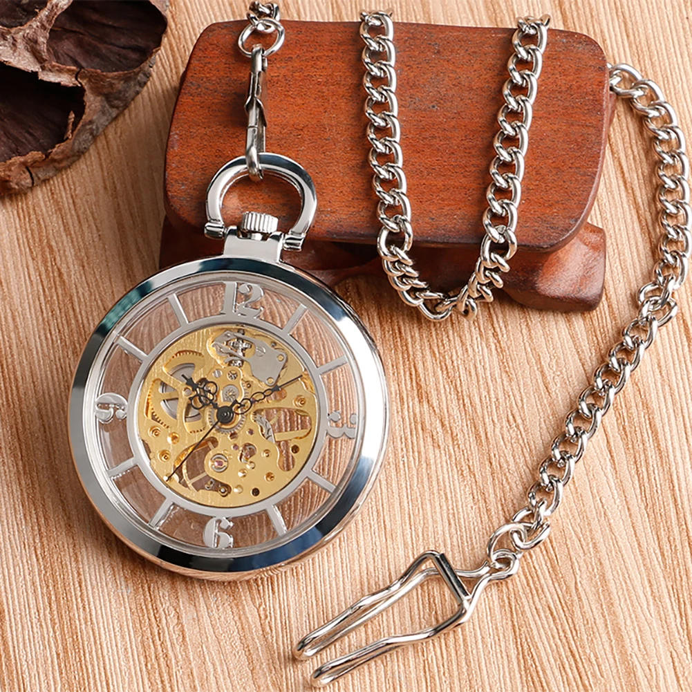 Manual Mechanical Pocket Watch Transparent Glass Arabic Numerals Display Silver Chain Pendant Pocket Clock Christmas Gift Men