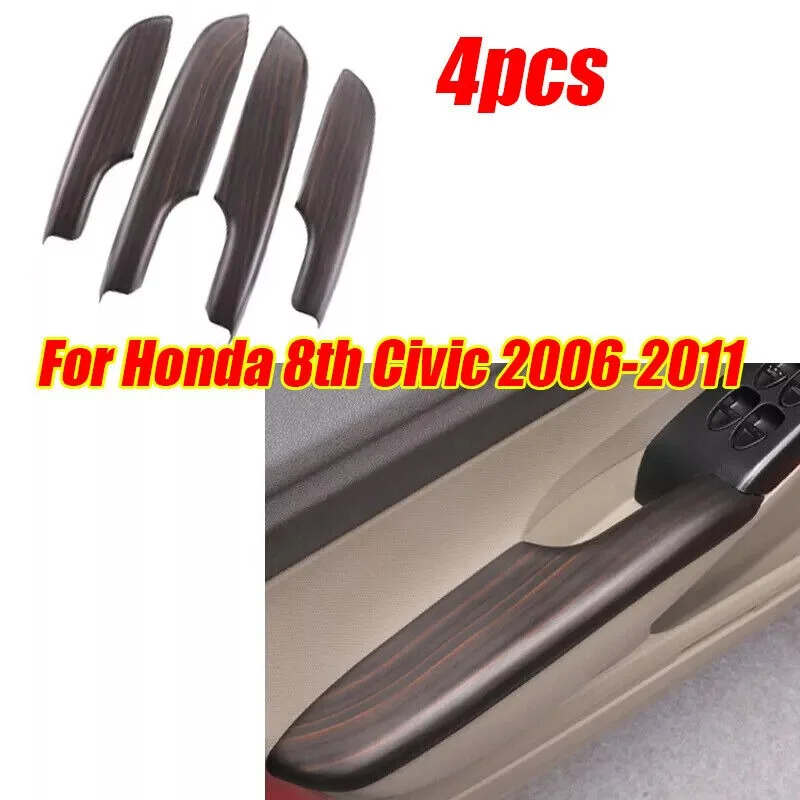 4x ABS Wood Pattern Door Armrest Cover Trim For Honda 8th Civic 2006-2011