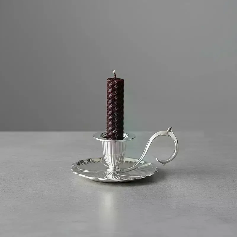 1PC Vintage Ridged Teacup Shape Metal Candle Holder with Handle Chamberstick for Living Room Home Decor