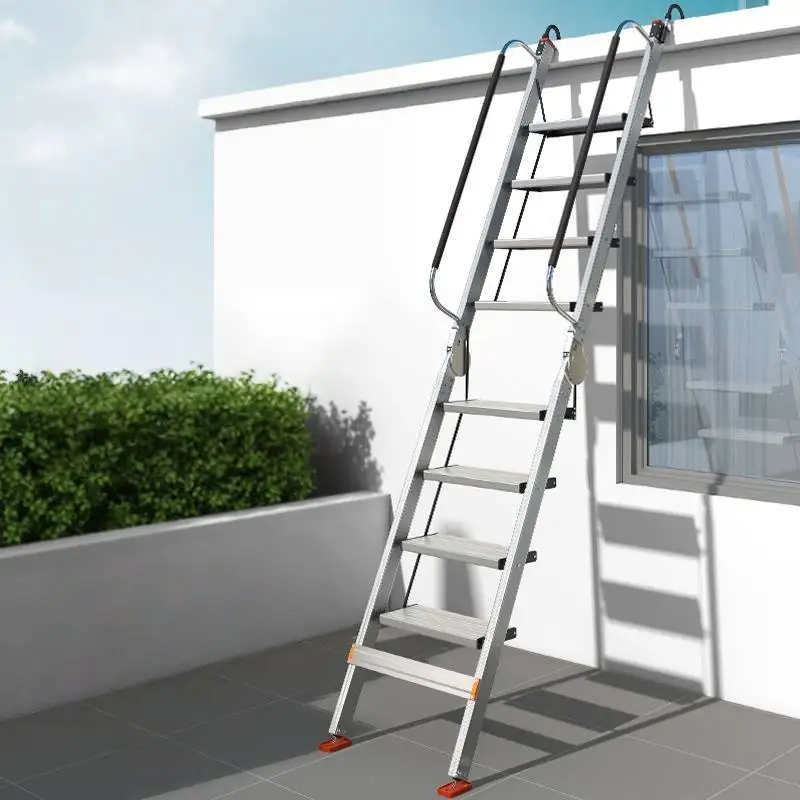 Household Aluminum Folding Loft Ladder - Telescoping Heavy-Duty A-Frame Ladder Multi-Functional Indoor Step Ladder with Handrail