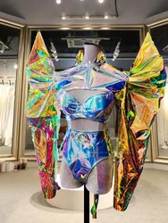 Lady Gaga Musik Festival Laser Bikini reflektierende Puff ärmel Tänzer Bühne Djshow Kostüm Nachtclub Gogo Tänzer Outfit Kleidung