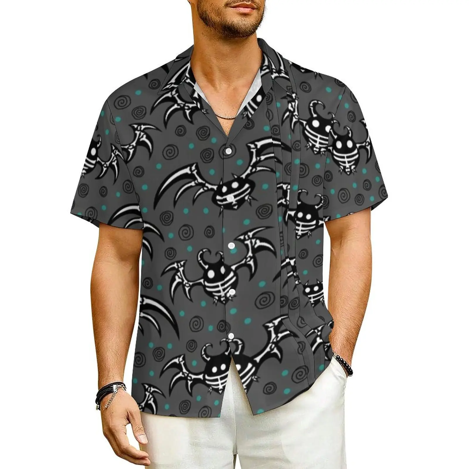 

Skeleton Bats Beach Shirt Green Dots Print Hawaiian Casual Shirts Men Vintage Blouses Short Sleeve Breathable Custom Top