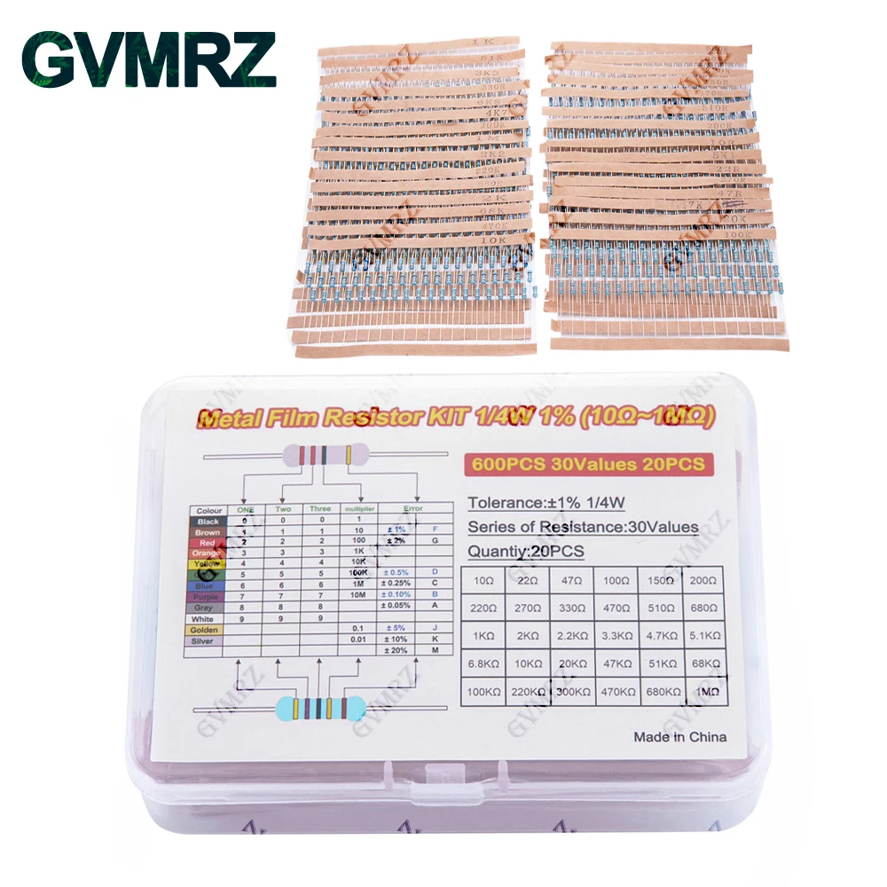 600PCS 30Values 1/4W Metal Film Resistor Assortment Kit - 20PCS Each, Boxed for Electronics DIY, Repair & Projects