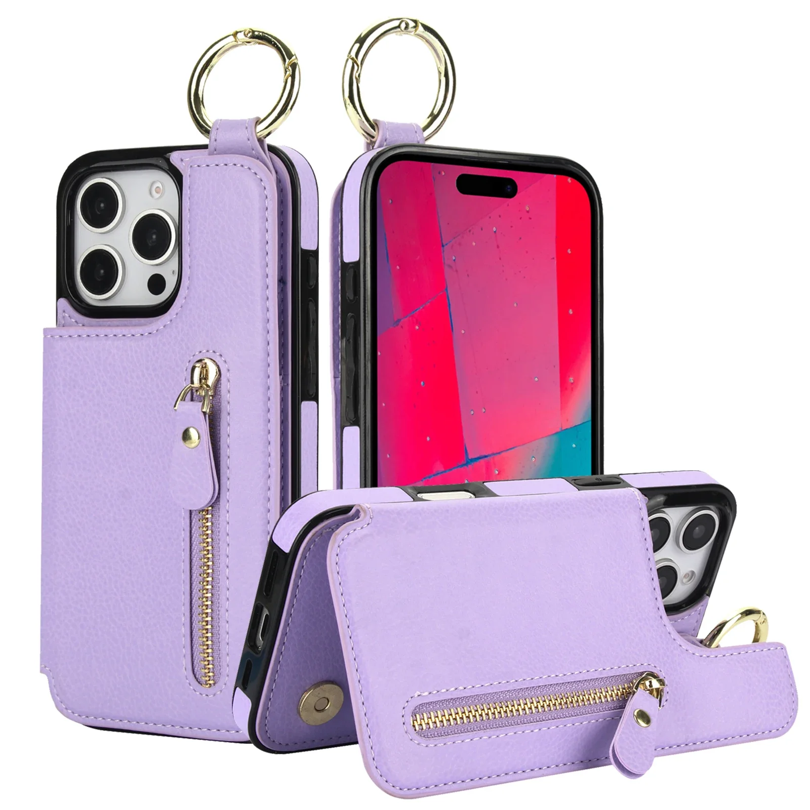 

Zipper Wallet with Card Holder Ring Leather Phone Case for iPhone 16 15 14 11 Pro Max XS XR 7 8 Plus 13 12 Mini Protective Cover