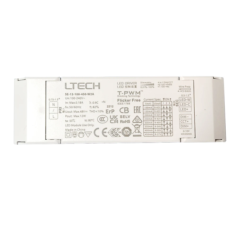 Sterownik ściemniania LED LTECH 12W 100mA-450mA CC Stały prąd CT CCT Przestrajalny biały 0-10V PWM/RX 100-240Vac Transformator oświetleniowy