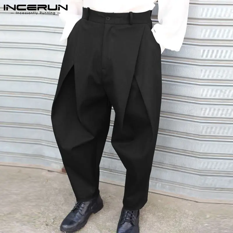 INCERUN 2024 Men Pants Solid Color Button Streetwear Joggers Loose Trousers Men Pleated Pockets Fashion Casual Long Pants S-5XL