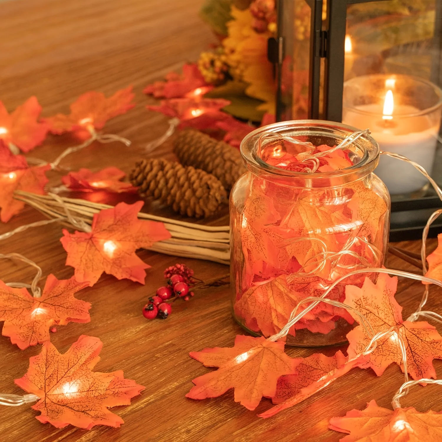 Rustic Fall Outdoor Maple Leaf LED Lights, Warm Orange Glow Fairy String Lights for Patio Yard Thanksgiving Decoration