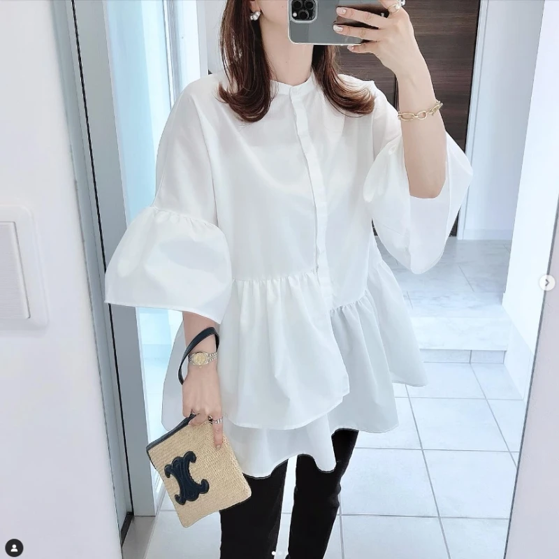 Japanese Flare Sleeve Tops Women Shirts & Blouses Solid Vintage Elegant Spring Summer Loose Blusas Mujer Fashion Black Camisas