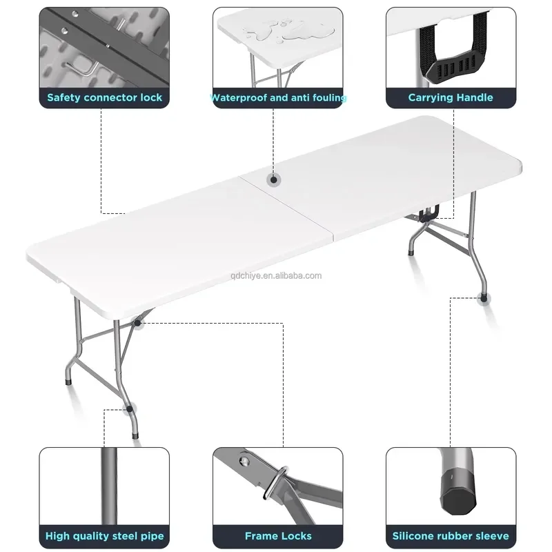 for 8ft Folding Picnic Table Portable Camping Table with Handle Safety Locks Foldable Plastic Dining