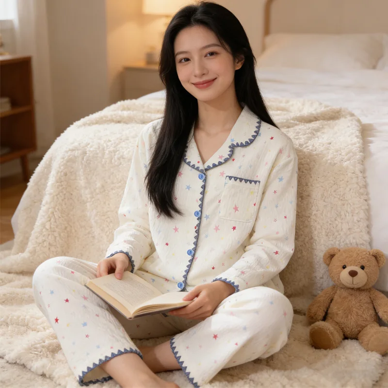 

Элегантный летний легкий хлопковый пижамный комплект с принтом облаков: топ с коротким рукавом и длинные брюки, двухсекционный комплект для дома с принтом звезд