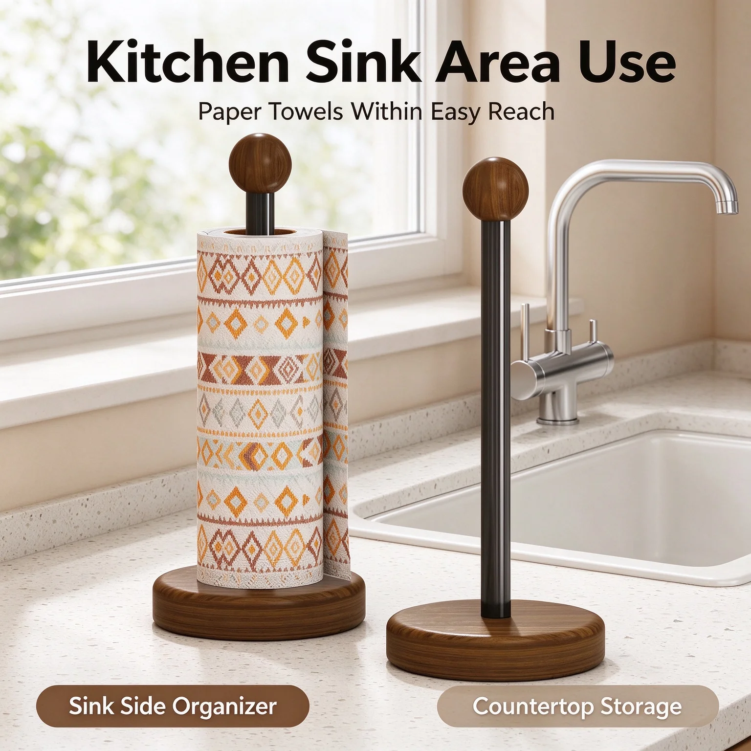 Paper Towel Holder Carbon Steel Wood Tone Freestanding Vertical Rod Weighted Base Kitchen Roll Stand